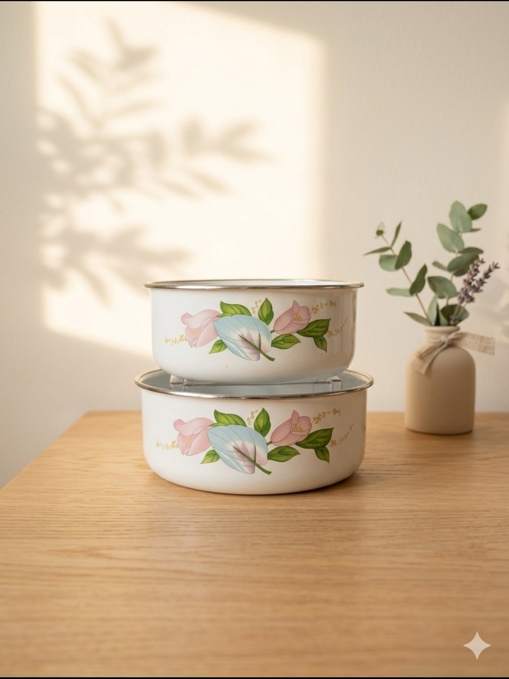 Vintage GMI Enamel Nesting Mixing Bowls Set - Pastel Iris Flower Pattern